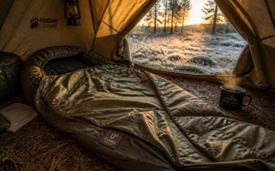 The canvas 0 degree sleeping bag keeps you warm on cold nights.